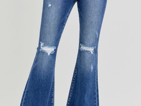 RISEN Full Size High Rise Distressed Raw Hem Flare Jeans Hot on Sale