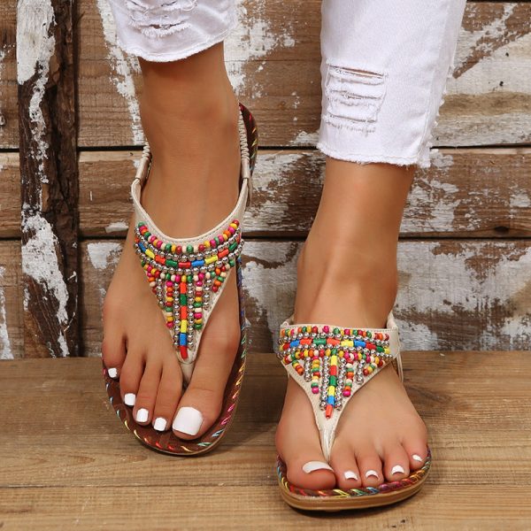 PU Leather Beaded Flat Sandals For Discount