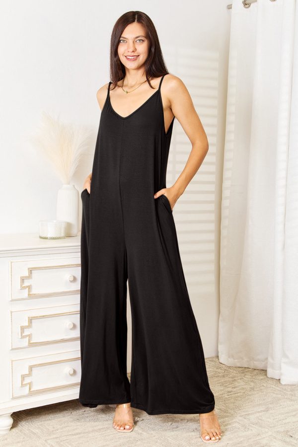 Double Take Full Size Soft Rayon Spaghetti Strap Tied Wide Leg Jumpsuit Online Sale