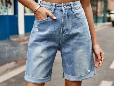 Distressed Buttoned Denim Shorts with Pockets Online now