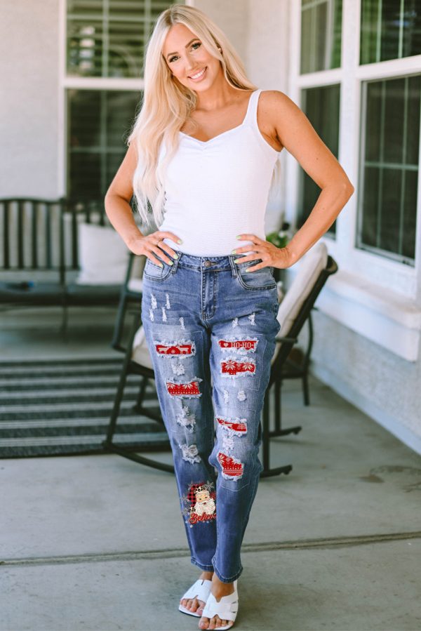 Santa Graphic Distressed Straight Jeans Hot on Sale