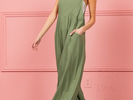 BiBi Ruched Wide Leg Overalls with Pockets Online Sale