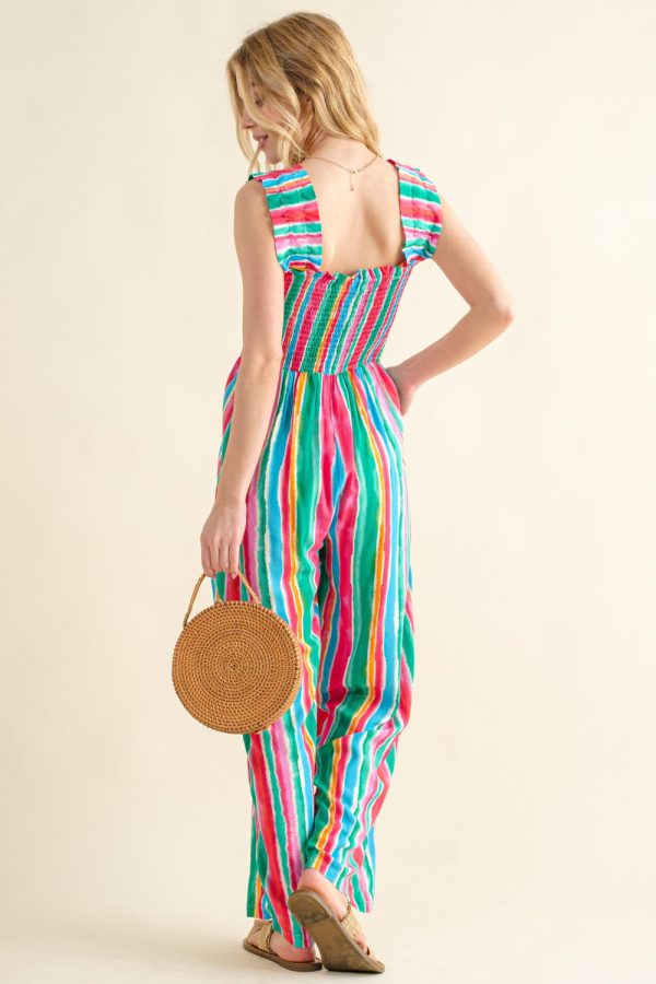 And The Why Full Size Striped Smocked Sleeveless Jumpsuit For Sale