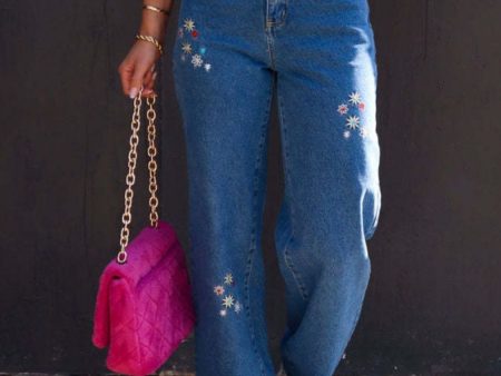 Embroidered Straight Jeans with Pockets For Discount