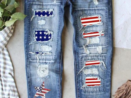 US Flag Mid-Rise Waist Straight Jeans Supply