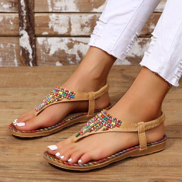 PU Leather Beaded Flat Sandals For Discount