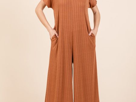 BOMBOM Ribbed Short Sleeve Wide Leg Jumpsuit Fashion