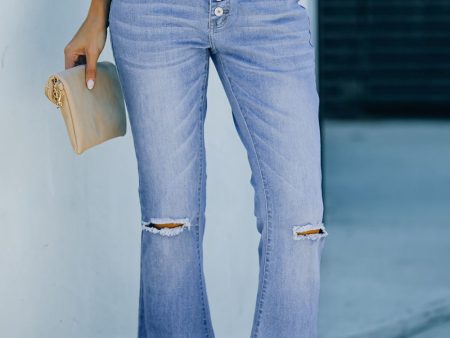 Button-Fly Distressed Raw Hem Flare Jeans Fashion