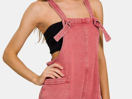 Zenana Washed Knot Strap Rompers Cheap