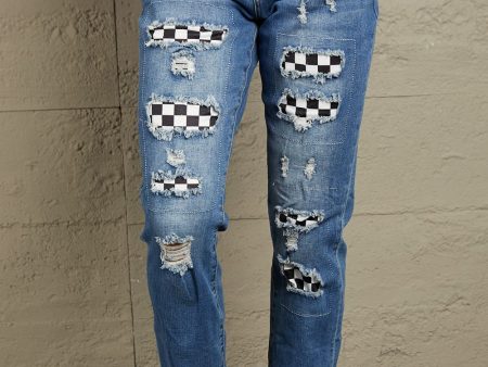 Baeful Checkered Patchwork Mid Waist Distressed Jeans For Sale