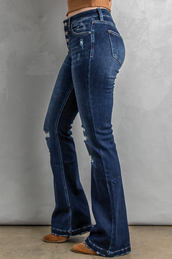 Button Fly Distressed Bootcut Jeans Hot on Sale