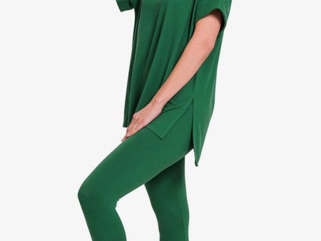 Zenana V-Neck Rolled Short Sleeve T-Shirt and Leggings Lounge Set For Sale