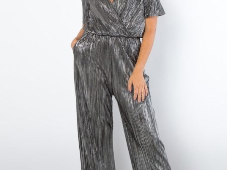 Be Stage Surplice Short Sleeve Pleated Foil Jumpsuit Online Hot Sale