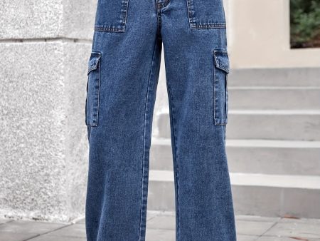 High Rise Straight Jeans with Cargo Pockets For Discount