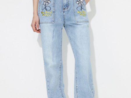 Flower High Rise Straight Leg Jeans with Pockets Online Sale