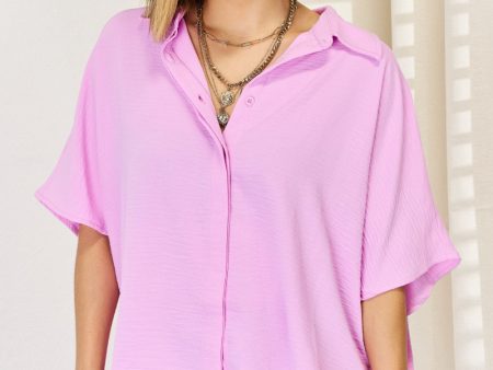 Zenana Texture Button Up Short Sleeve High-Low Shirt Sale