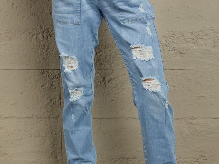 Baeful Distressed Denim Pocketed Joggers Discount