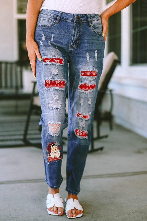 Santa Graphic Distressed Straight Jeans Hot on Sale