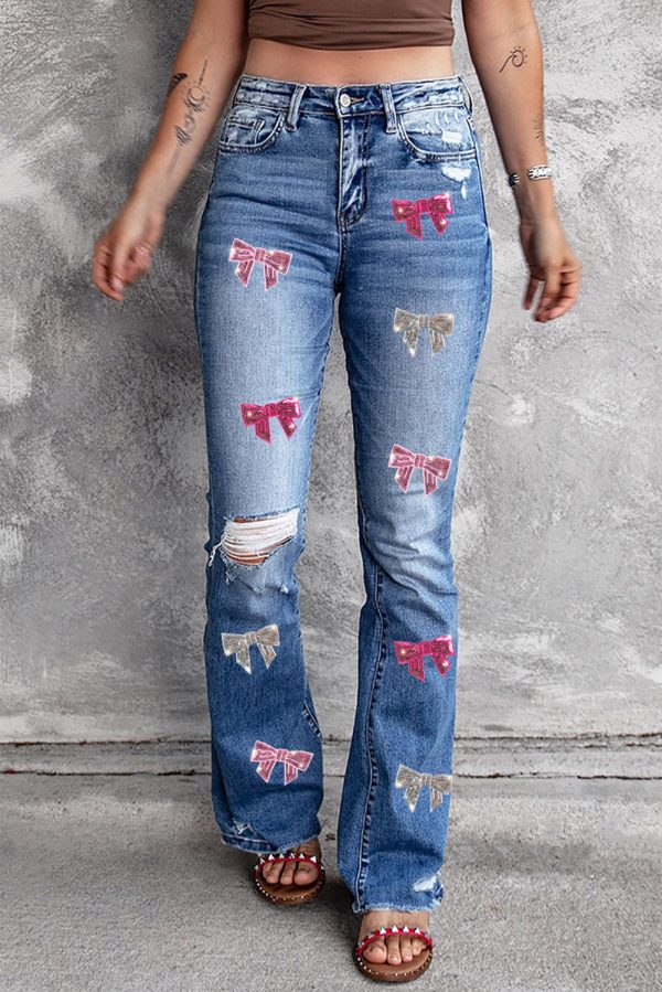 Sequin Bow Distressed Bootcut Jeans Discount