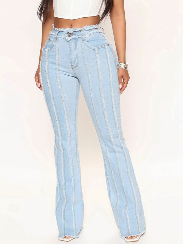 Striped Raw Hem Jeans Discount