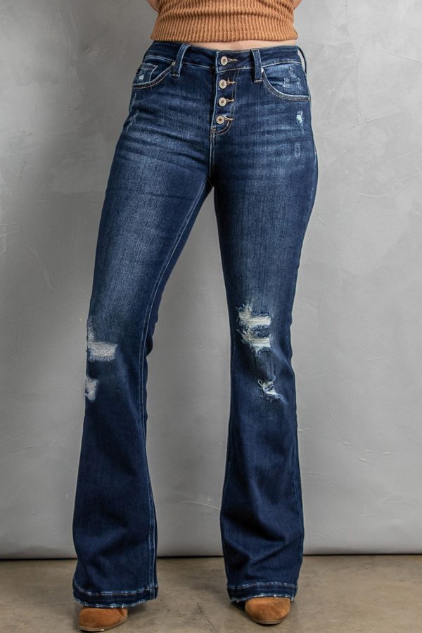 Button Fly Distressed Bootcut Jeans Hot on Sale